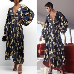 Acler Palms Pleated Long Sleeve Midi Dress Navy Floral Size 2